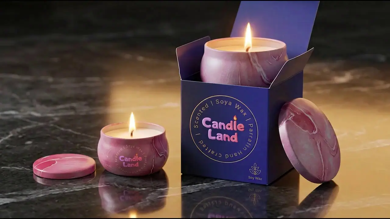 A Candle Land soy candle burning beside its indigo gift box on dark marble