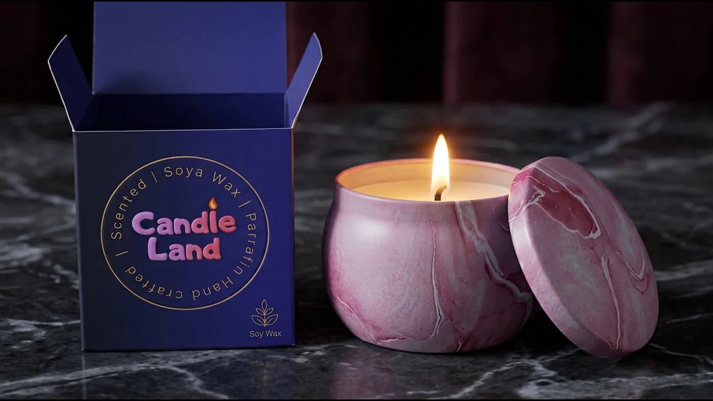 Close view of a candle flame and its marbled rose vessel