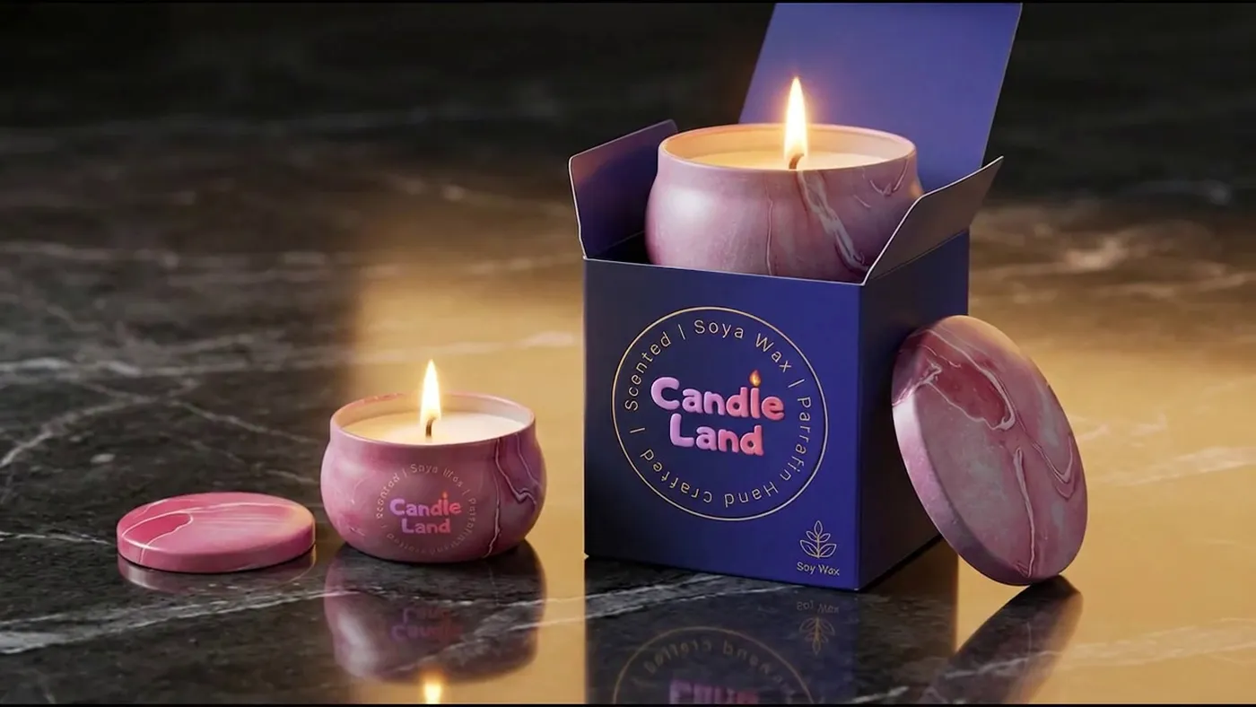 Candle and travel tin arranged on dark marble