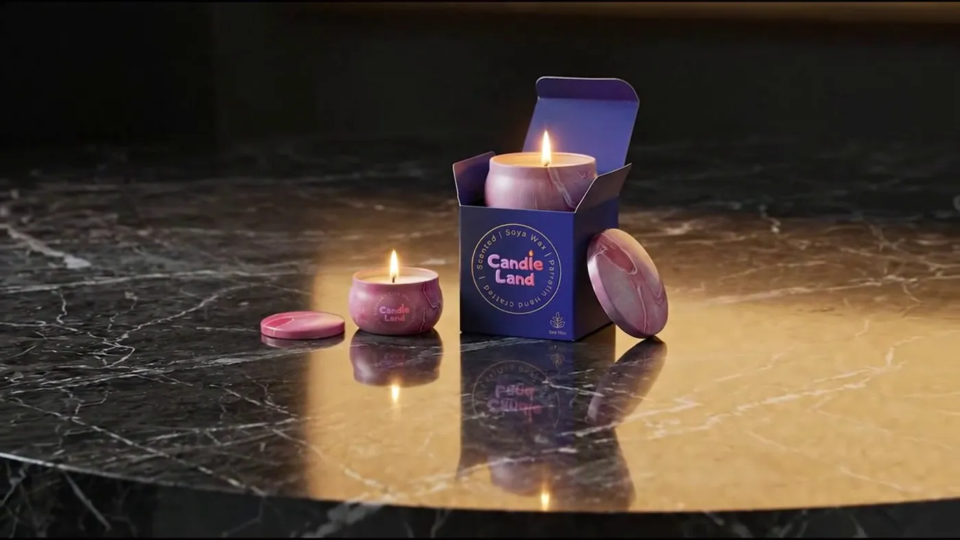 Wide view of the Candle Land set on a dark marble surface