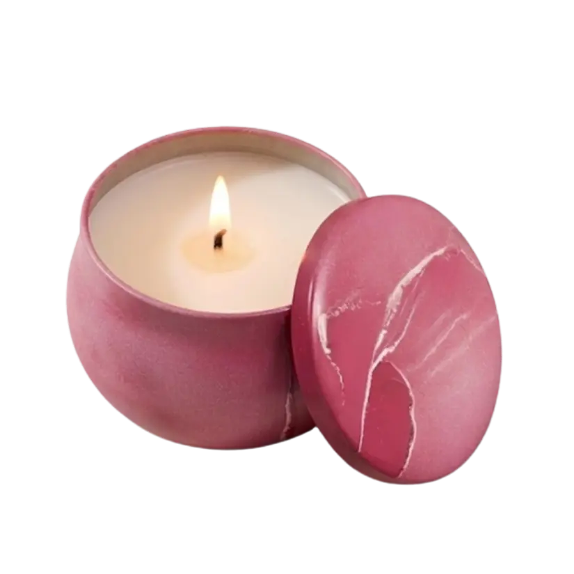 Noir Vanilla candle in a warm taupe vessel with its indigo Candle Land box