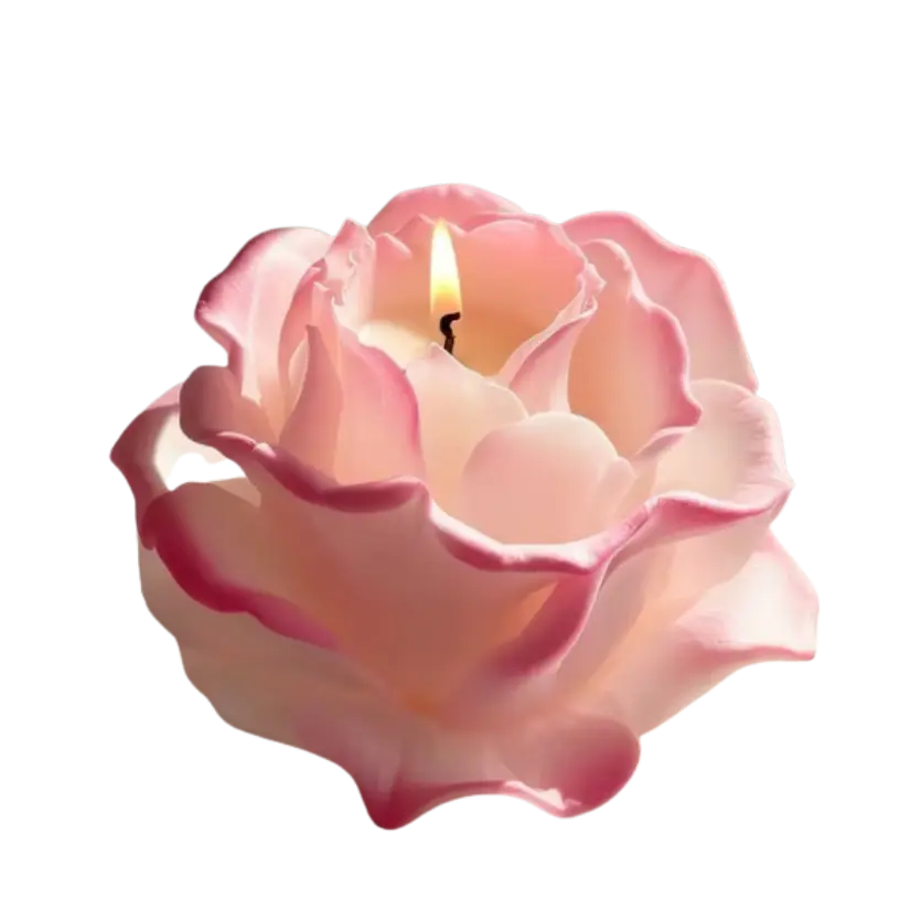 Rose Luxe candle in a deep rose vessel with its indigo Candle Land box
